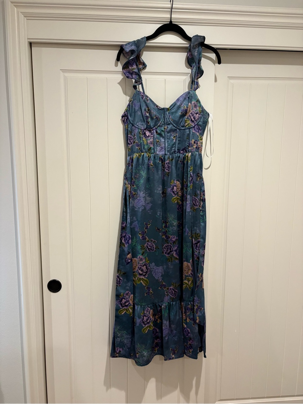 Lulus Blue Floral Ruffle-Strap Midi Dress